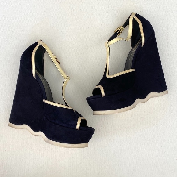 Yves Saint Laurent Navy Suede Wedges Size 36 - Picture 1 of 12